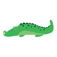 Cute crocodile in hand draw flat style.Animal isolated on white background. Vector illustration.Kids, childish graphic. Farm, wild, zoo, forest animals.Cartoon.