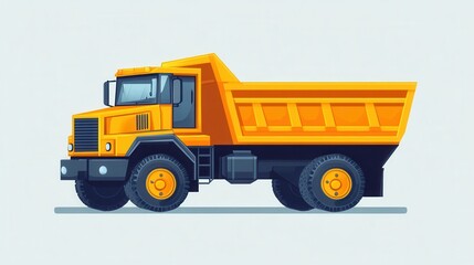 Flat design dump truck with vivid primary colors and clear outlines set against a light backdrop