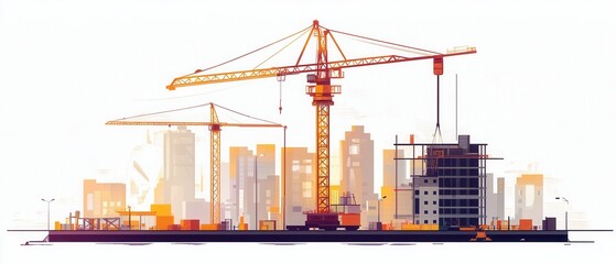 Modern flat design crane with angular shapes and a sleek color palette in an urban setting