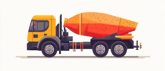 Naklejka premium Illustrative flat design concrete mixer truck with bright colors and a playful style on a plain background