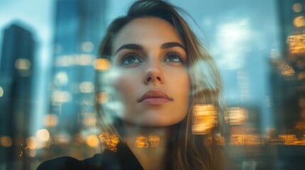 Businesswoman with a dynamic cityscape effect blending urban skyline and modern architecture reflecting determination
