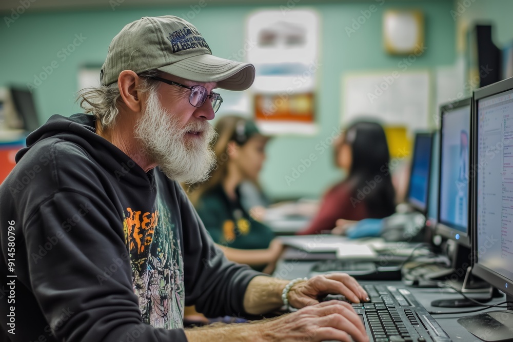 Poster man working on computer in shared workspace with others in background