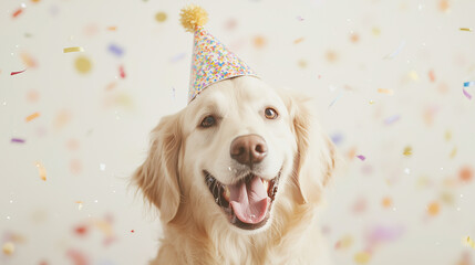 A cheerful dog in a party hat surrounded by vibrant confetti, embodying the fun and excitement of pet celebrations. Ideal for special occasions and festive moments. Photo