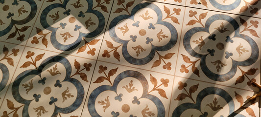 decorative blue and yellow Portuguese flooring, illuminated by the sun