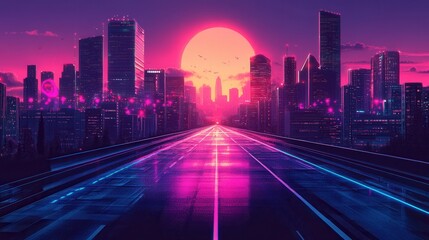 Dynamic synthwave city with LGBTQ celebrations under neon skies and retro 80s aesthetics promoting unity and pride