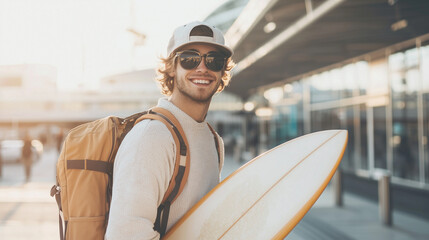 Enthusiastic young traveler with a surfboard and backpack, smiling brightly at the airport, embodying the thrill of travel and the promise of new experiences. Photo