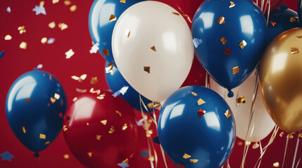 Festive Balloons with Gold Confetti and Streamers Celebration Background.