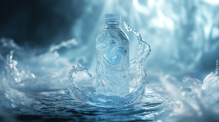 Advertising mockup with a water bottle with water swirling around it, the bottle is located on a platform and beautiful patterns curl water around it in a spiral