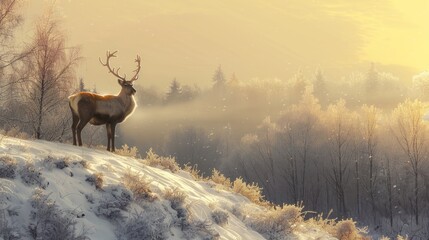 Deer Standing Majestic on Snow Covered Hill with Captivating Morning Sunlight.