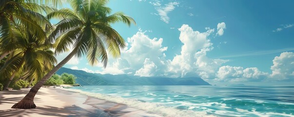 Palm trees swaying gently in a tropical breeze on a sunny beach, 4K hyperrealistic photo
