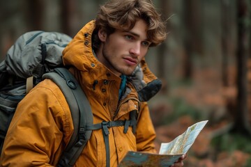 Obraz premium A Young Adventurer Embarks on an Exciting Journey through a Lush Forest, Holding a Map