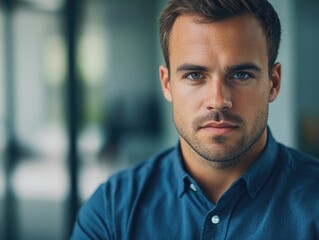 Obraz premium A person wearing a blue shirt gazes into the lens