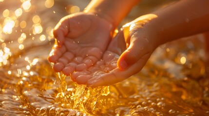 Fototapeta premium A touching close-up of children's hands gently holding sparkling water in the golden sunlight. Perfect for themes of purity, nature, and childhood memories.