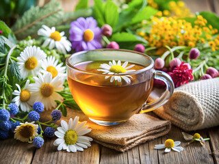 Herbal tea in a clear cup amidst a vibrant selection of wildflowers and herbs on a rustic background.