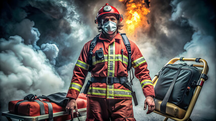 Fototapeta premium Firefighter equipped with safety gear and a mask standing against a fiery background, ready for emergency response.