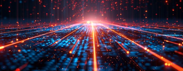Abstract Digital background with glowing particles and lines symbolizing data transfer in cyberspace. Ideal for tech, AI, and graphics themes.