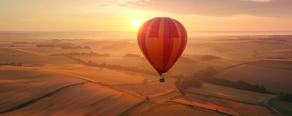 Hot air balloon floating over a patchwork of fields at sunrise, 4K hyperrealistic photo