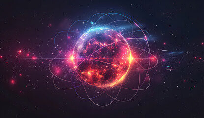 Futuristic digital illustration of a glowing planet with intricate data points, lines, and abstract elements orbiting around it. The scene is set against a dark cosmic background with vibrant colors,