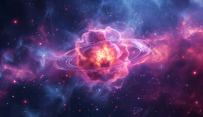 Futuristic digital illustration of a glowing planet with intricate data points, lines, and abstract elements orbiting around it. The scene is set against a dark cosmic background with vibrant colors,