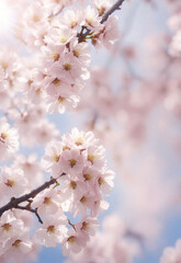Sakura. Branches with pink flowers on a plain background for publications.