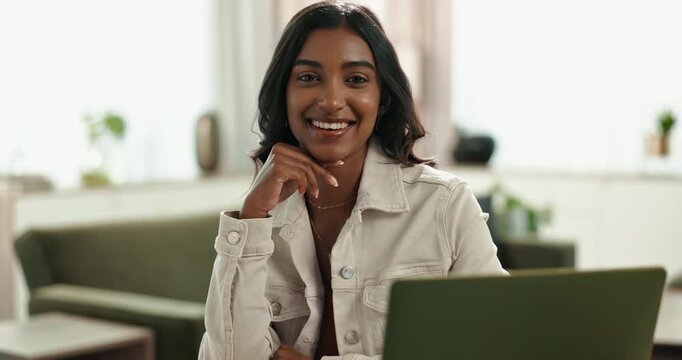 Laptop, Indian woman and home for online, portrait or remote work from living room with computer. Lounge, smile or internet for language transcriber, technology or website for freelance female person