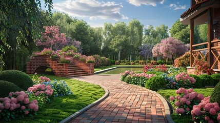 Fototapeta premium Beautiful Yard Design for a Private House. Created with Generative AI