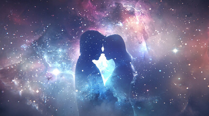 A romantic silhouette of a couple facing each other with their foreheads touching, set against a dreamy, colorful cosmic nebula background filled with stars