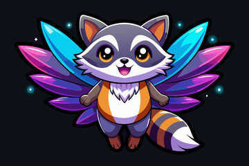 A full image of a cute raccoon with fairy wings, floating in the air, vibrant colors, anime style vector, black background vector art illustration