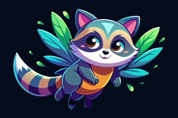 A full image of a cute raccoon with fairy wings, floating in the air, vibrant colors, anime style vector, black background vector art illustration