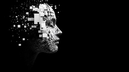 Obraz premium Pixelated Mind: AI Face in Black Void