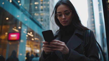 Fototapeta premium A woman wearing glasses looks down at her cell phone, possibly checking messages or reading something