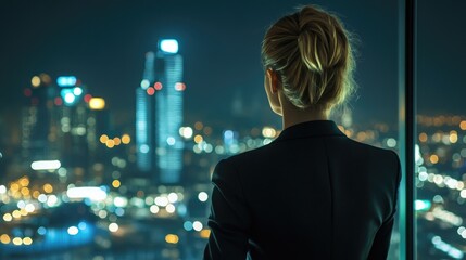 Fototapeta premium A woman standing by an open window, gazing out at the city skyline at night