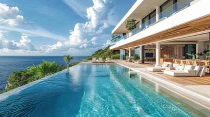 Fototapeta premium Modern luxury oceanfront villa with infinity pool - generative ai