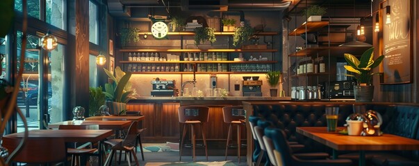 Cozy cafe with warm lighting, 4K hyperrealistic photo