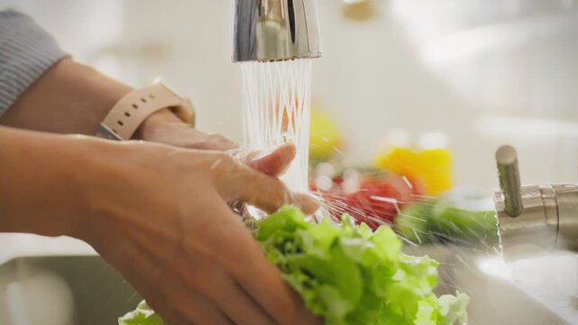 Fresh. Young man using running water happily cleans lettuce in the kitchen of a private house. Cinematic shot sticking to healthy food rinses lettuce with water new ways to cook healthy food, healthy