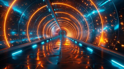 Obraz premium Futuristic neon tunnel with glowing lights - generative ai