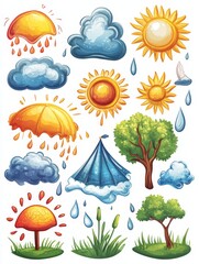 Fototapeta premium Weather Icons Collection: Sun, Rain, Clouds & Trees