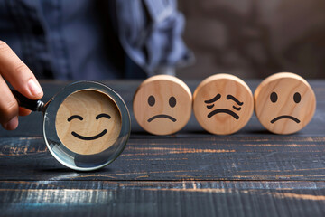 A hand holding a magnifying glass is focused on a wooden smiley face icon