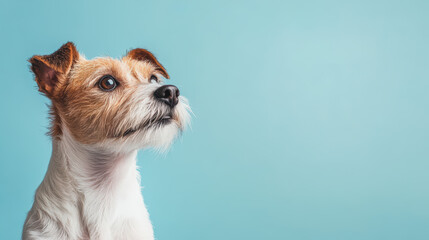 A dog with brown and white fur is looking up at the camera