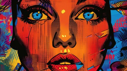 Obraz premium A close-up portrait of a woman with striking blue eyes and red lips, rendered in a bold and colorful abstract style.