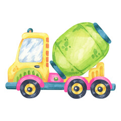 Cement mixer truck in vibrant green and yellow colors. Building site vehicle watercolor clipart, ideal for construction-themed projects, children's room illustrations, cards or educational materials