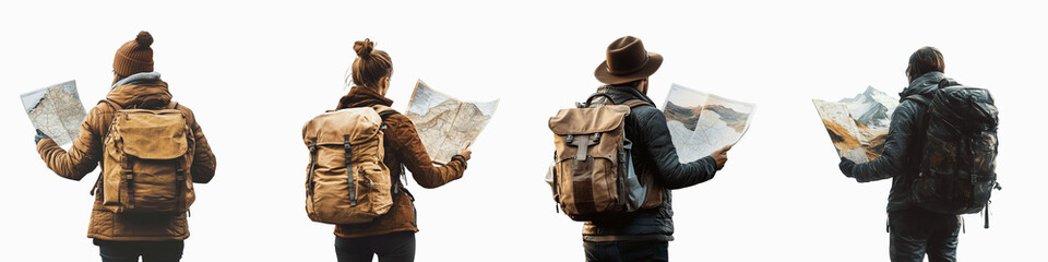 set of A solo traveler holding a map and looking at a distant landscape, Lone Adventurer with Map, Traveler Alone with Map, Independent Explorer with Map, Traveler Map, on a transparent backgrounds
