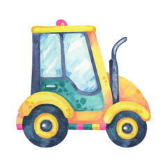 Tractor in green and yellow colors, cartoon style car. Construction site vehicle or farmhouse transport , ideal for farm-themed designs, children's clothes, or agricultural educational content