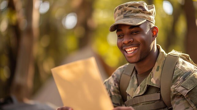 Army soldier smiles happily as he opens his letters from home