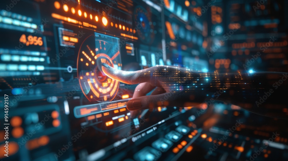 Poster pressing a robot hand on a digital screen while connecting to big data technology utilizing ai machi