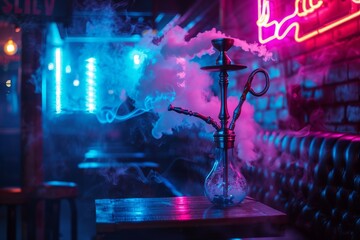 In a neonlit lounge, a hookah exudes smokey allure, creating a vibrant ambience, perfect for nocturnal entertainment