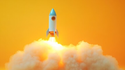 Obraz premium blue light rocket taking off with realistic cloud smoke on yellow background. Concept of start up business launching