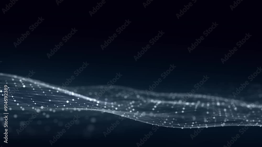Poster abstract blue technology wave with dots and lines. flow of particles. big data transfer visualizatio
