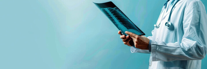 World Radiography Day. Horizontal banner. Copy space. International Day of Radiology. Doctor holding chest x-ray image in his hands, blue background. World patient safety day. For a medical clinic