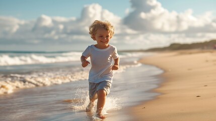 Young boy running along a sandy beach
